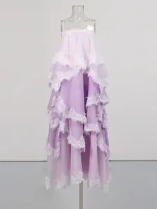 Lavender lace tiered cake maxi dress with spaghetti straps for spring fashion