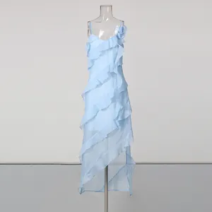 Light blue ruffled sleeveless dress with asymmetric hem and flower detail detail view