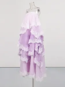 Romantic purple off-shoulder tiered lace maxi dress for an elegant vacation look