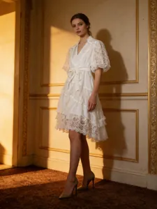 French Vintage Lace Patchwork Tea Break Dress Women V Neck Puff Sleeve Irregular Hem Waist Tie Solid Color Polyester Cotton Dress