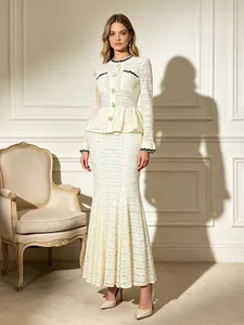 Elegante Vestido Largo de Sirena de Poliéster Estilo Francés Bloques de Color Cuello Redondo Borde Ondulado Manga Larga Mujer