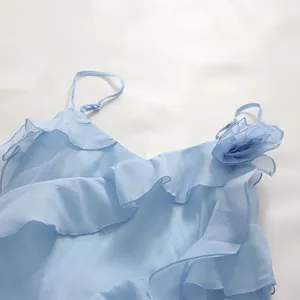Elegant close-up of light blue vacation dress with ruffled neckline and floral detail