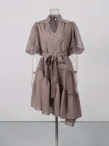 Elegant V-neck solid color tea break dress with lace puff sleeves and irregular hem