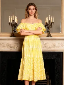 Robe midi jaune élégante style français à épaules dénudées et volants pour l'été
