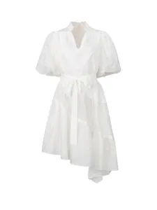 White V-neck lace dress with puff sleeves and irregular hem in tea break style