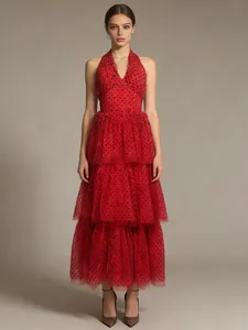 Elegant red polka dot halter dress with tiered tulle skirt for romantic banquets