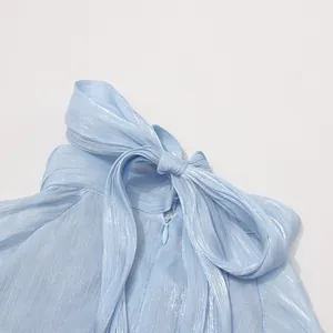Detailaufnahme eines hellblauen schimmernden Stoffes mit elegantem Schluppenkragen-Design.