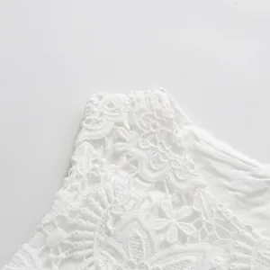 Close-up detail of exquisite white floral lace embroidery on sleeveless dress neckline