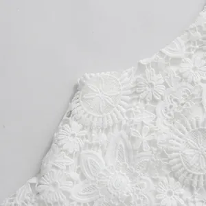 Macro view showing the intricate floral lace embroidery detail on a white elegant dress