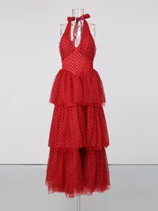 Vintage red polka dot halter V-neck dress featuring a multi-layer mesh tiered skirt