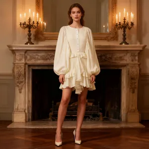 Elegant cream court style mini dress with lantern sleeves and ruffled hem details