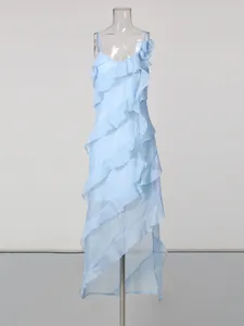 Light blue tiered ruffle camisole dress featuring an asymmetrical high-low hem design