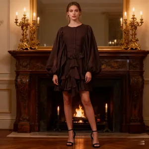 Model wearing a brown court style dress with lantern sleeves and ruffles by a fireplace