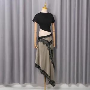Elegant French lace patchwork dress with asymmetrical high waist skirt for women