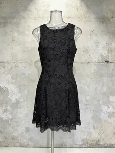 Elegant black lace sleeveless round neck dress with floral embroidery details
