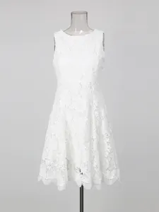 Elegant white sleeveless lace embroidered dress with round neck for a graceful look