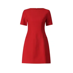 Front view of a minimalist solid red short-sleeved mini dress on white background