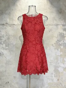 Elegant red sleeveless lace mini dress with intricate floral embroidery and round neck