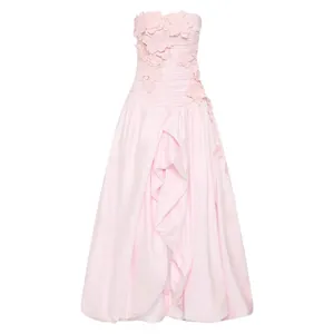Elegant pink strapless evening gown featuring 3D floral applique and ruffle details