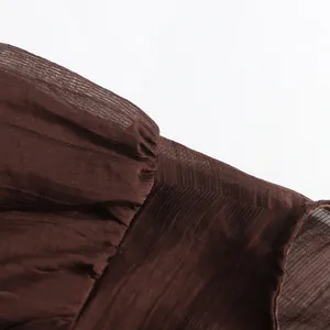 Close-up of brown pleated sheer fabric showing textured palace style dress detail