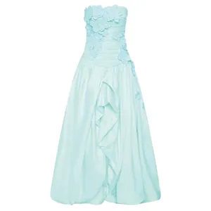 Elegant strapless light blue evening gown with 3D floral appliques and slit detail