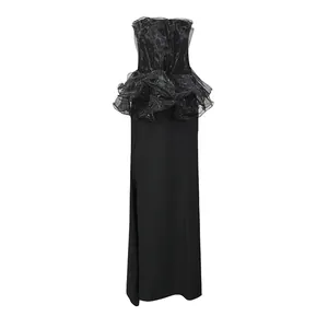 Elegante vestido largo ajustado negro palabra de honor con retazos de malla con volantes