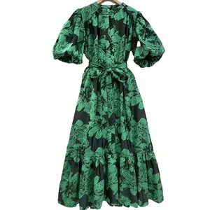 Elegant green floral print midi dress featuring puff sleeves and a belted waist detail