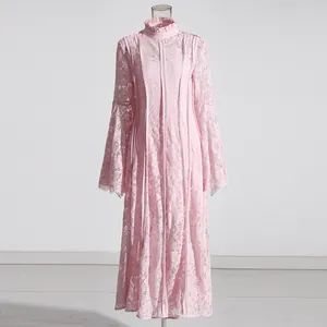 Elegant pink floral lace maxi dress with sophisticated high neck and bell sleeves detail