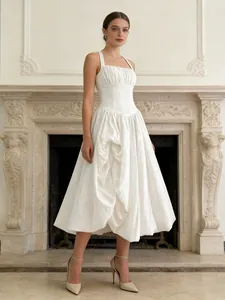 French Gentle Style Halter Neck Backless Pleated Large Swing Maxi Dress Polyester Solid Color Slit Elegant Party Dress For Women