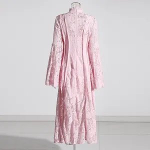 Detailed back view of an elegant pink lace long dress featuring flared bell sleeves.