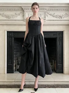 French style black halter sleeveless maxi dress with elegant voluminous flared skirt
