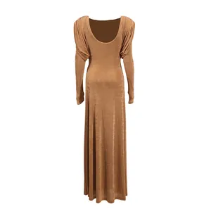 Elegantes, bronzemetallisches Abend-Maxikleid mit langen Ärmeln und drapierten Schultern