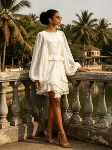 Vintage Palace Style Women Polyester Mini Dress Lantern Sleeve Single Breasted Ruffle Trim Waist Slimming Party Dress
