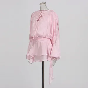 Elegant pink pleated bubble sleeve mini dress with tiered ruffle hem and tie-waist