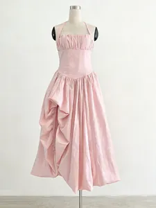 French style pink sleeveless maxi dress with pleated bodice and draped asymmetric skirt