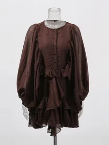 Elegant vintage palace style brown mini dress featuring lantern sleeves and ruffled hem layers