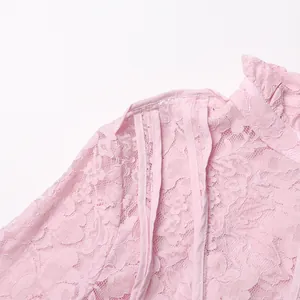 Close-up of pink floral lace fabric and stand collar detail on a women's dress