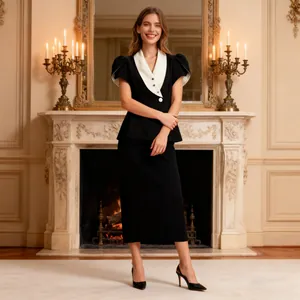 Elegantes französisches Set: Zweiteiler mit V-Ausschnitt, Kontrastoberteil und Rock