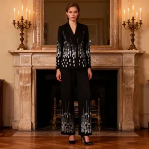 Sophisticated French-style sequined blazer and straight-leg trousers set for women
