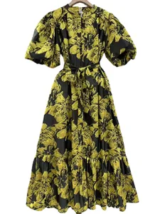 Elegant floral print maxi dress featuring puff sleeves and a belted waist for women