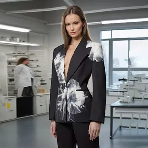 Detailed view of the black tailored blazer with a bold white floral print from the autumn suit set