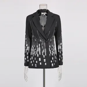 Front view of a black oversized blazer featuring silver sequin block embroidery details