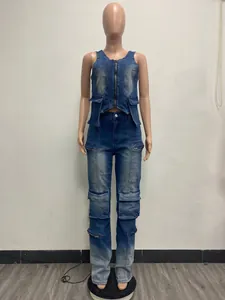 Detailed full-body view of a vintage wash denim cargo set displayed on a mannequin