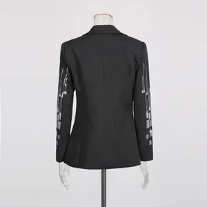 Detailed back view of a black oversized blazer featuring silver sequin sleeve patterns