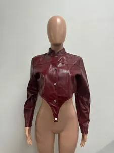 Stylish wine red slim fit faux leather cropped jacket with unique pointed hem on mannequin