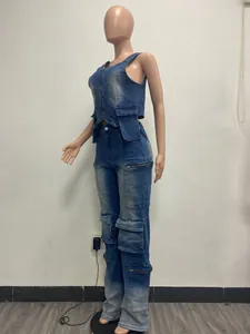 Detailed lateral view of vintage washed denim vest and multi-pocket cargo pants set