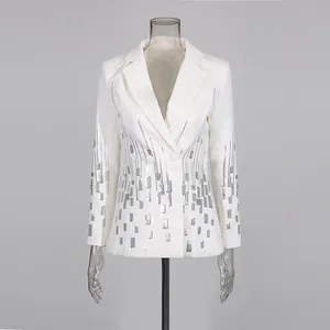 Elegant white V-neck blazer with silver sequin geometric patterns for a chic look