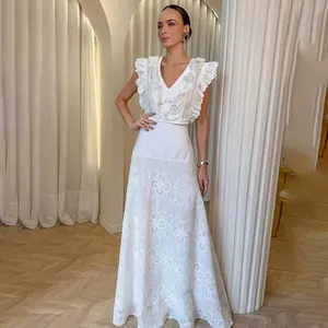 Elegant white French vintage lace hollow-out two-piece set with flutter sleeve top and maxi skirt