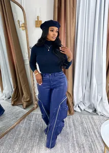 Fashionable winter blue faux leather cargo pants with functional zippers