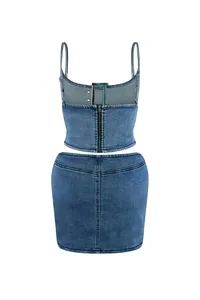 Detailed back view of a blue denim two-piece outfit showing zip closure and buckle detail